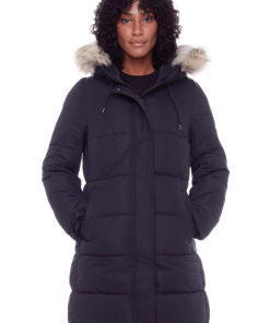 AULAVIK | WOMEN'S VEGAN DOWN (RECYCLED) MID-LENGTH HOODED PARKA COAT, BLACK