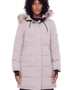 AULAVIK | WOMEN'S VEGAN DOWN (RECYCLED) MID-LENGTH HOODED PARKA COAT, LIGHT TAUPE